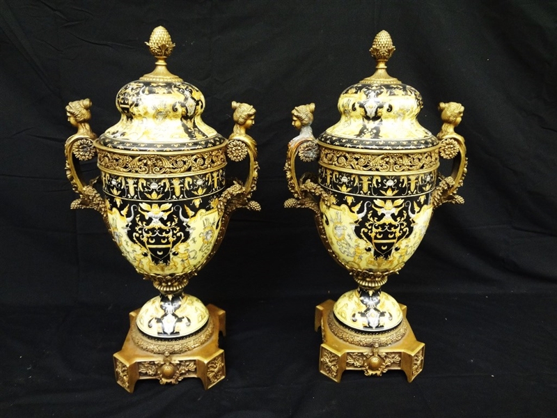 Pair Victorian Porcelain and Brass Lidded Vases Ormolu Mounted Handles