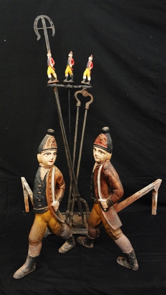 Set of Polychrome Hessian Soldiers Andirons with Matching Fire Tools and Stand