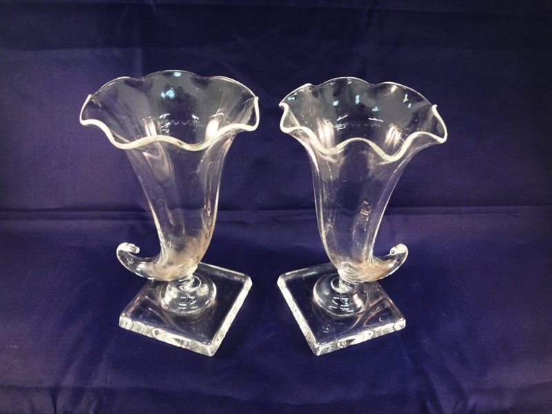 Steuben Glass Pair of Cornucopia Vases