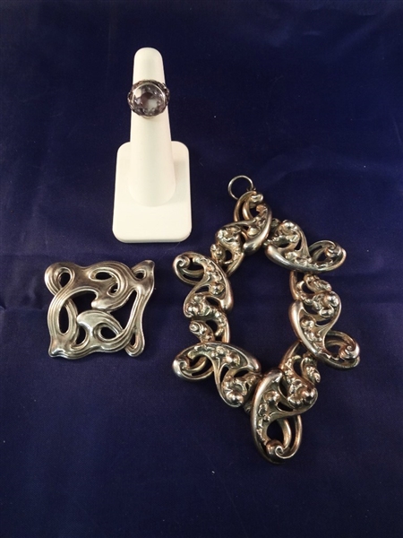 Sterling Silver Art Deco Jewelry: Ring, Massive Pendant, Brooch