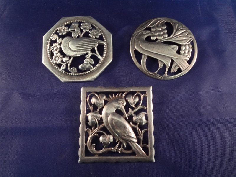 (3) Sterling Silver Bird Brooches: Sweden and others