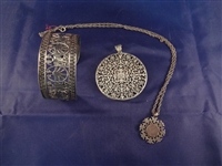 (3) Sterling Silver Signed Pieces: Cuff Bracelet, Pendant, Salamone Sterling Pendant