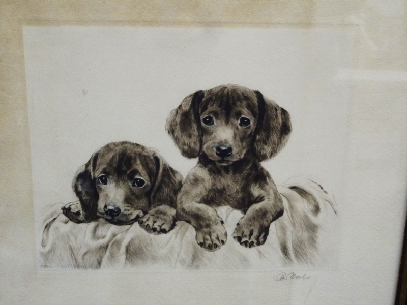 Original Etching Dogs Pencil Signed Unknown Artist