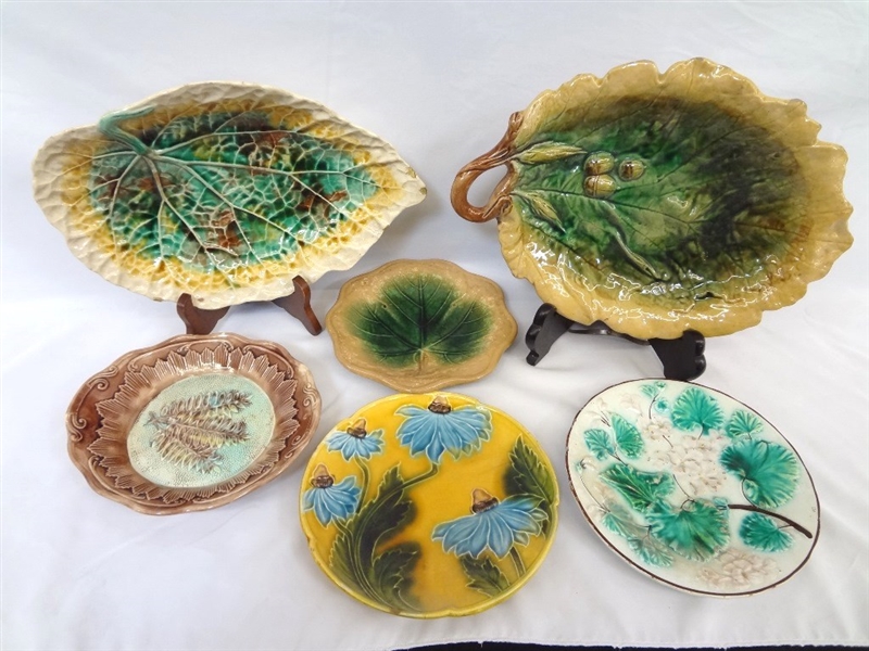 (5) Majolica Plates: Oak Serving Leaf, and others