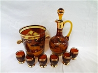 Czech Bohemian Amber Etched Decanter Set with Ice Bucket