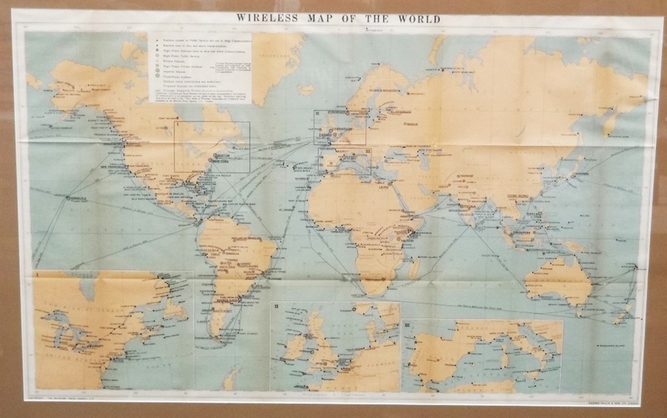 The Marconi Press "Wireless Map of the World" 1914 Matted and Framed