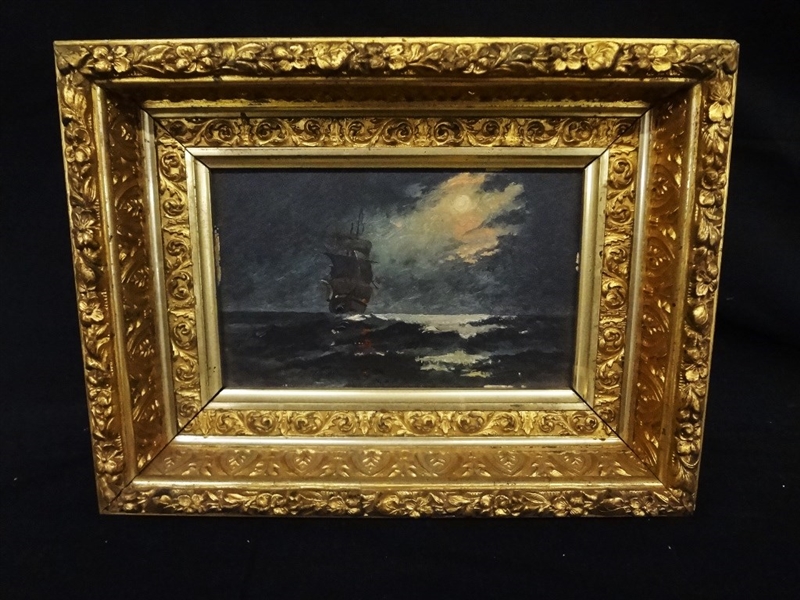 19th Century Oil on Board Sailboat Framed Signed Marsh