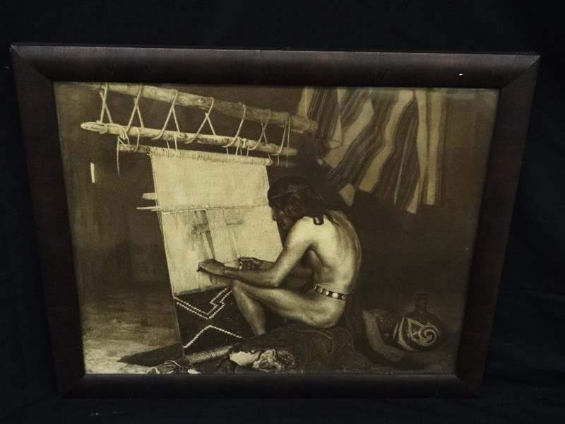 George DeForest Brush Photogravure "Indian Weaving" Matted and Framed