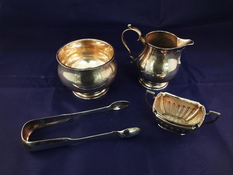 English Sterling Silver Group: Tongs, Creamer, Footed Bowl, Small Nut Cellar