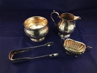 English Sterling Silver Group: Tongs, Creamer, Footed Bowl, Small Nut Cellar