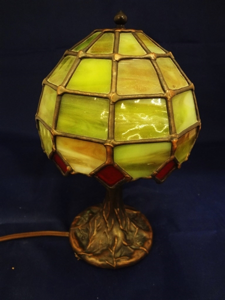 The Christiansens Lamp Co. Leaded Glass Shade Tree Bronze Base Signed