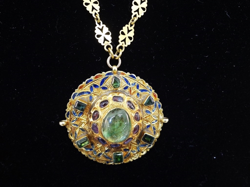 22k Gold European Necklace and Medallion With Precious Stones Stunning