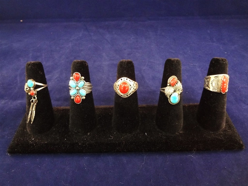 (5) Southwest Sterling Silver Turquoise/Coral Rings