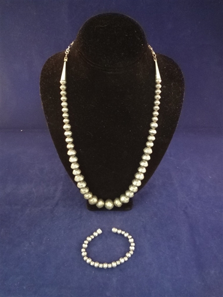 Carolyn Pollack Sterling Silver Bench Bead Necklace and Matching Bracelet