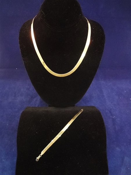 14k Gold Herringbone Necklace and Bracelet Set
