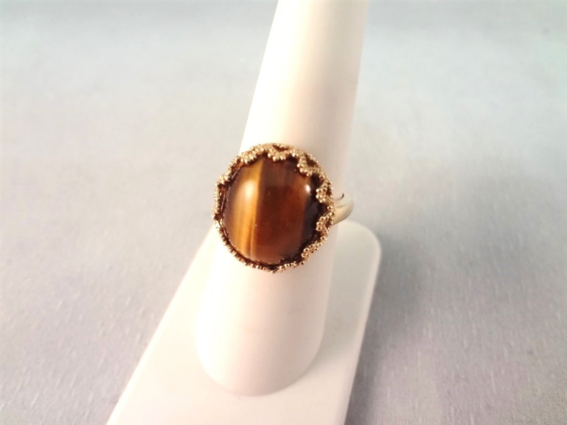 14K Gold Ring with Oval Tiger Eye Cabochon Gold Wrapped Ring Size 6.75