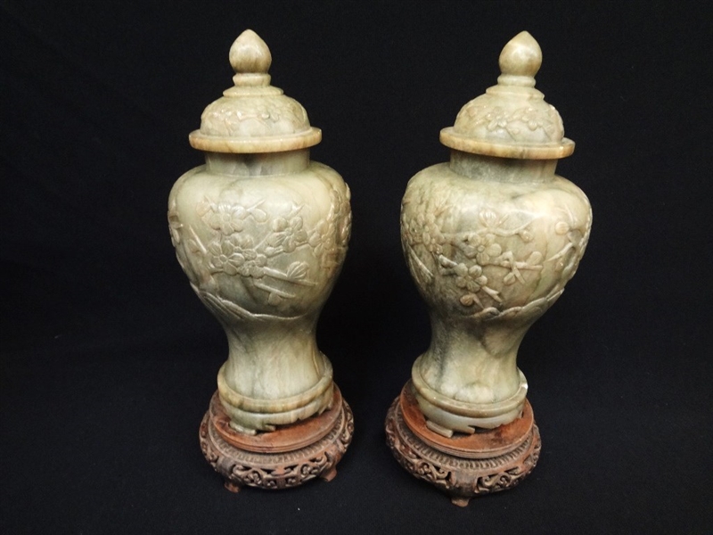 Pair Spinach Jade Carved Lidded Urns on Bases
