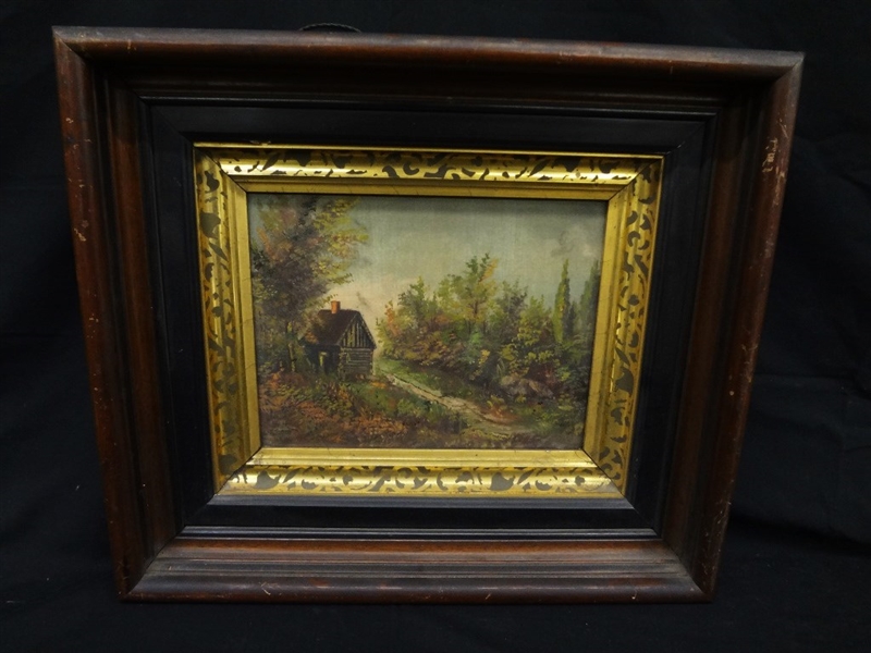 19th Century Original Oil on Canvas Cabin in the Woods