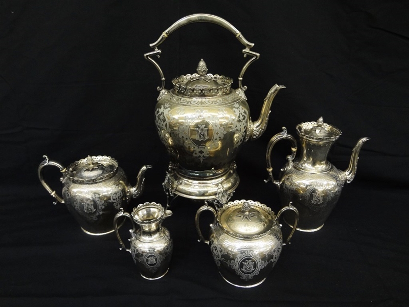 Stunning Ornate Silverplated Tea and Coffee Service Acorn Star Finial