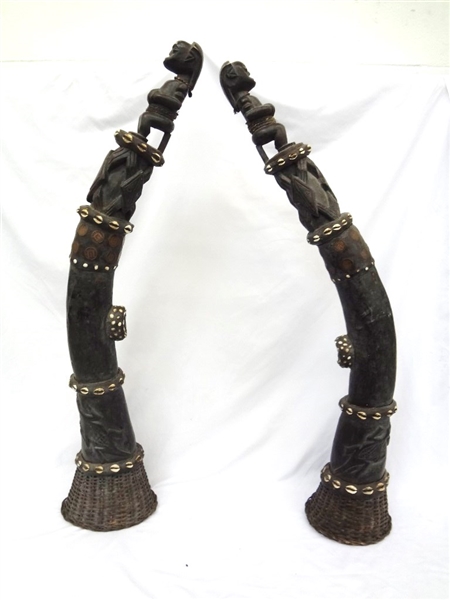 1970s Large Nigerian Hand Carved Wooden Ceremonial Tusks