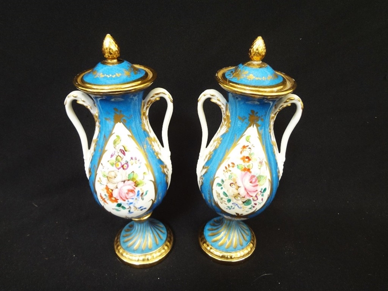 Sevres French Porcelain Pair of Covered Urns Acorn Finial