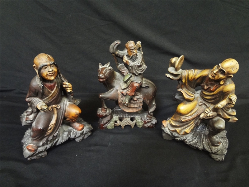 Trio of Carved Wooden Chinese Figures