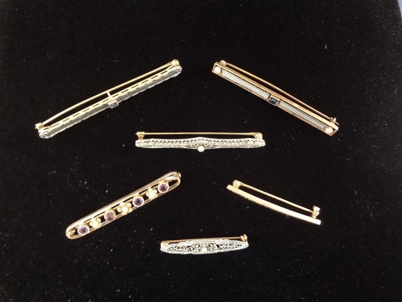 (6) 14k Gold Victorian Mourning Bar Brooches
