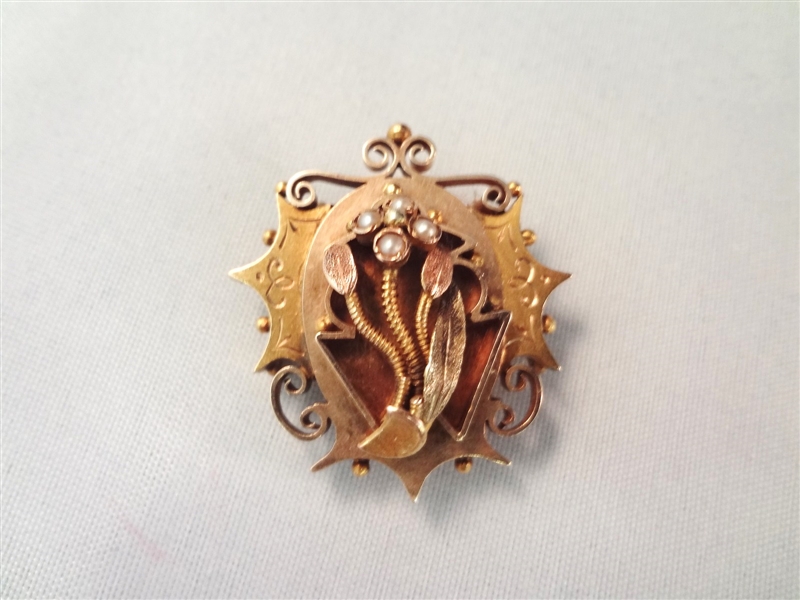 14k Gold Victorian Mourning Brooch Seed Pearls
