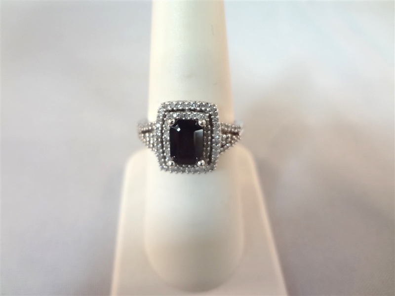 14k White Gold Sapphire, Pave Diamond Ring