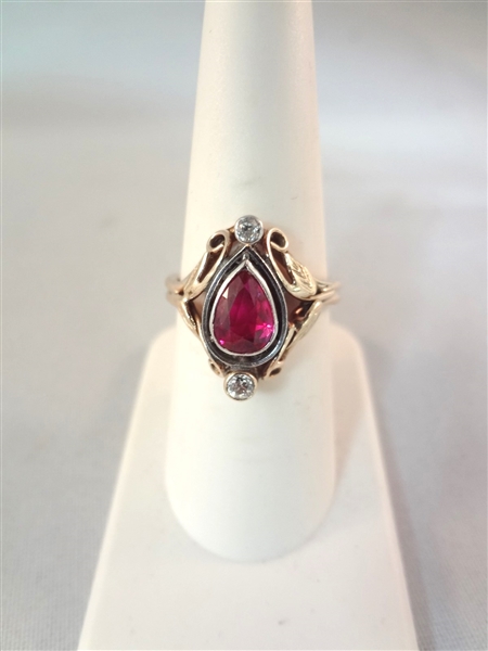 14k Gold Art Nouveau Ruby and Diamond Ring