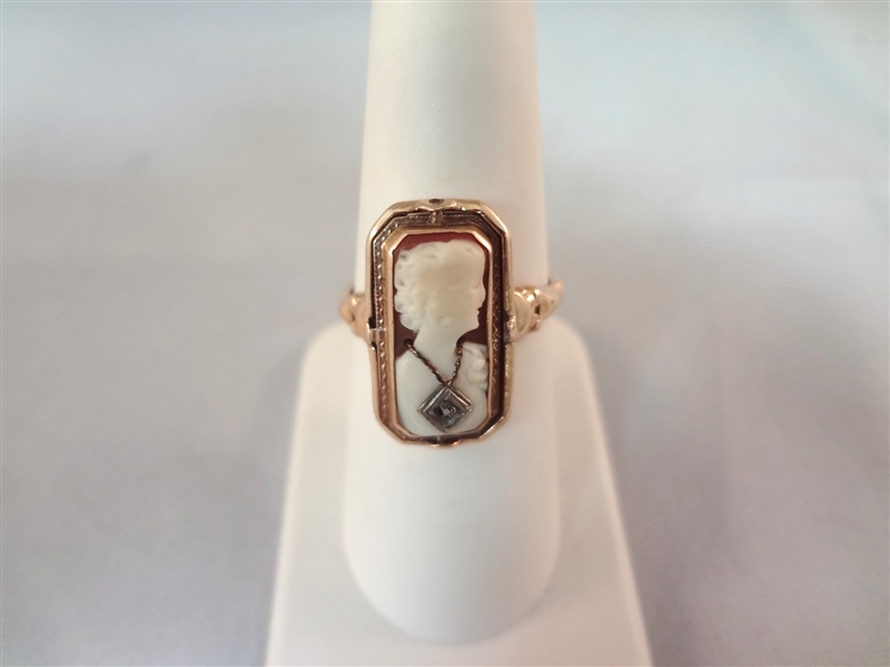 14k Gold Cameo Art Nouveau Spinning Ring; Ebony Diamond Reverse