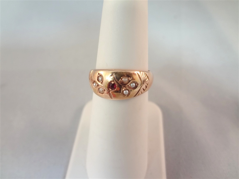 14k Gold Ruby and Seed Pearl Ring