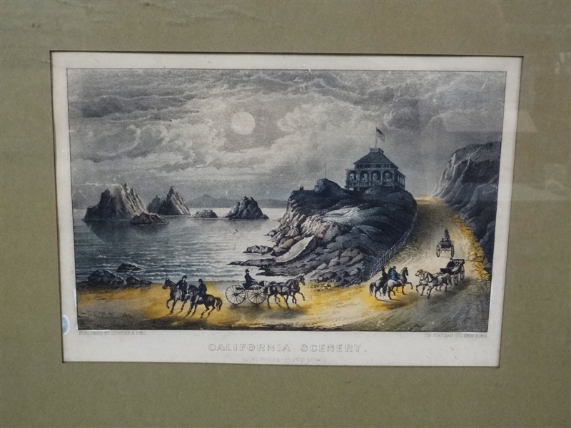 Currier and Ives Hand Colored Lithograph "California Scenery; Seal Rocks Point Lobos" 19th Century