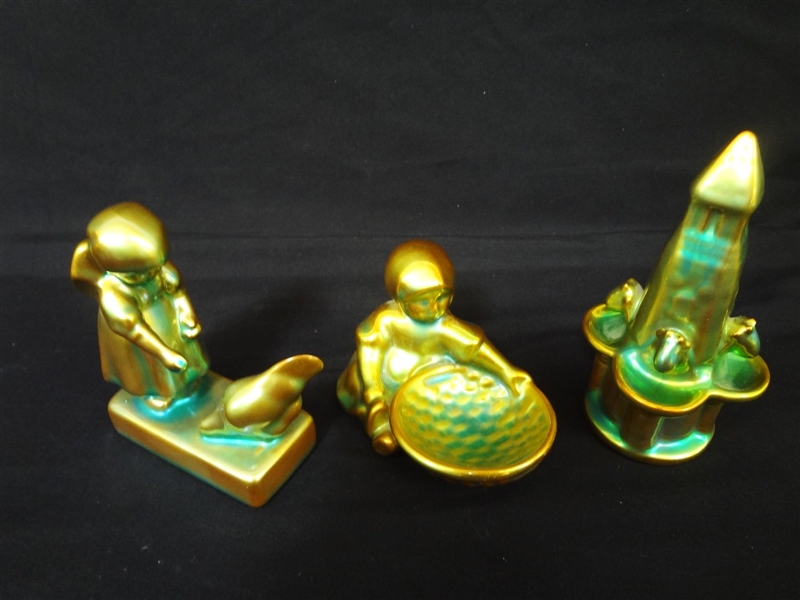(3) Zsolnay Metallic Eosin Porcelain Pieces: Tower Fountain, Girl and Dish, Girl with Chicken