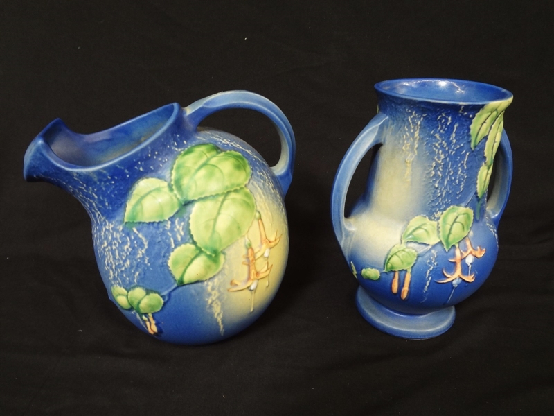 Roseville Pottery "Fuchsia" 1938 Blue Ice Lip Water Pitcher and Vase