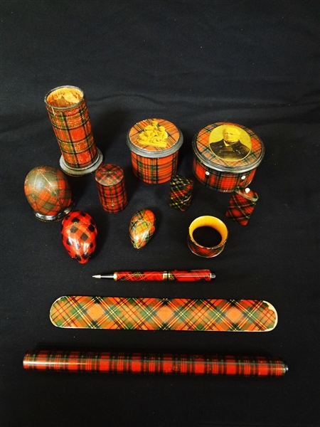 (13) Pieces 19th Century Tartanware Pieces: Needle Cases, box, Egg Thimble Holder, Others