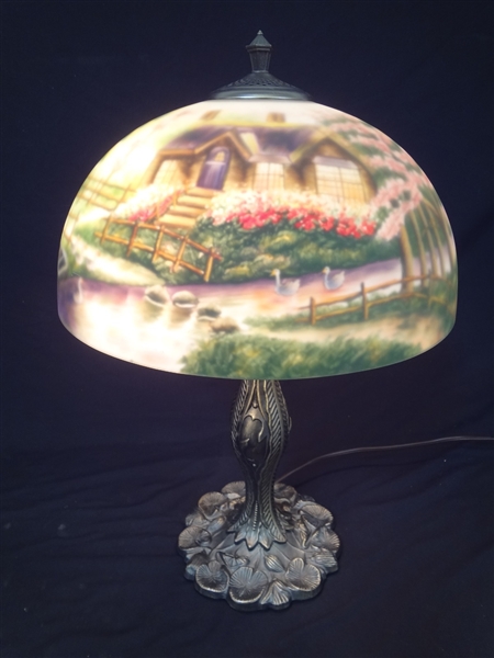 Reverse Painted Table Lamp Landscape Scene Design