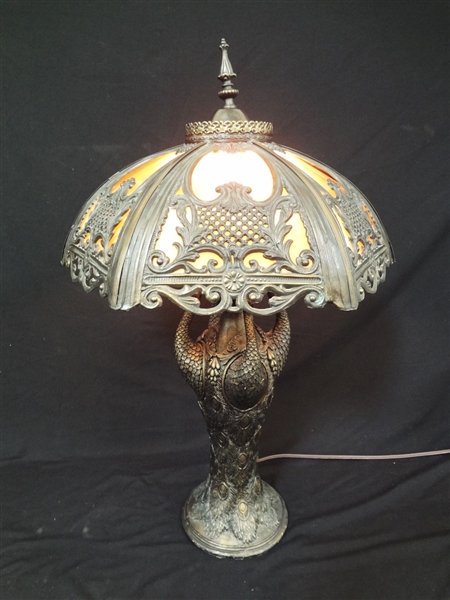 Slag Glass Table Lamp Composite Peacock Base