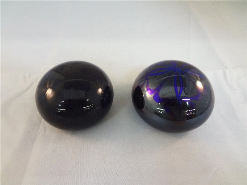 (2) Iridescent Glass Signed Paperweights