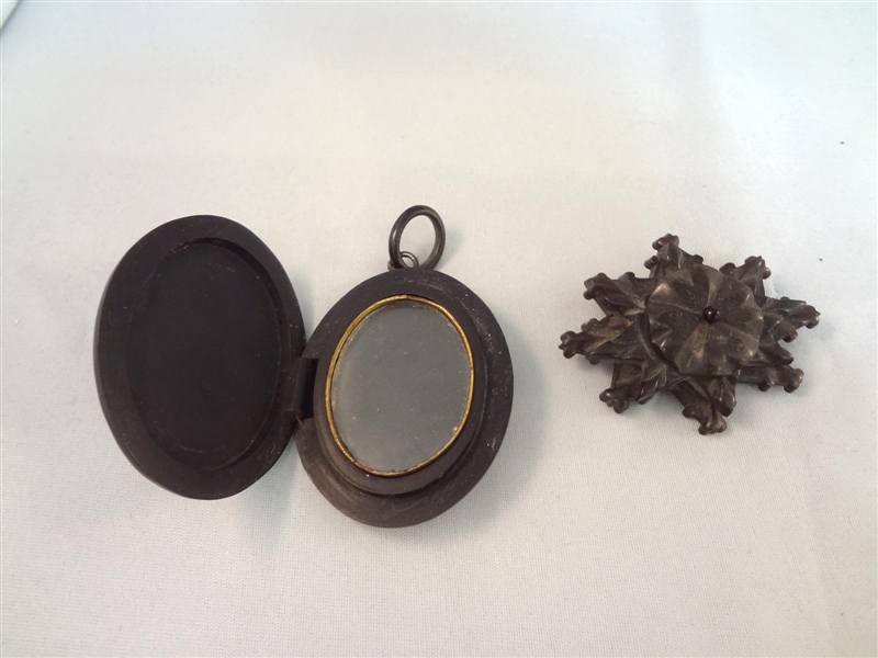 Victorian Mourning Jewelry (2) Vulcanite Pendant and Brooch