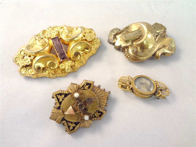 (4) Gold Filled Art Nouveau Brooches: Largest 2.5 x 1.25.
