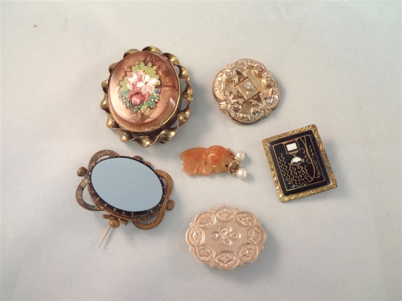 (6) Victorian Mourning Brooches: Enamel, Gold Filled, Seed Pearl, Coral