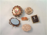 (6) Victorian Mourning Brooches: Enamel, Gold Filled, Seed Pearl, Coral