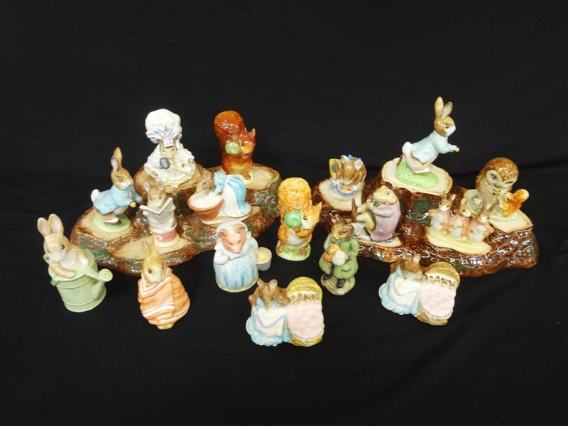 (17) Beatrix Potter Figurines Beswick England and Two Tree Stump Stands