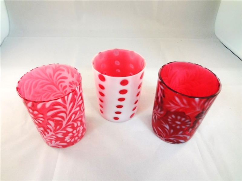 (3) Fenton Cranberry Opalescent Coin Dot and Fern Tumblers