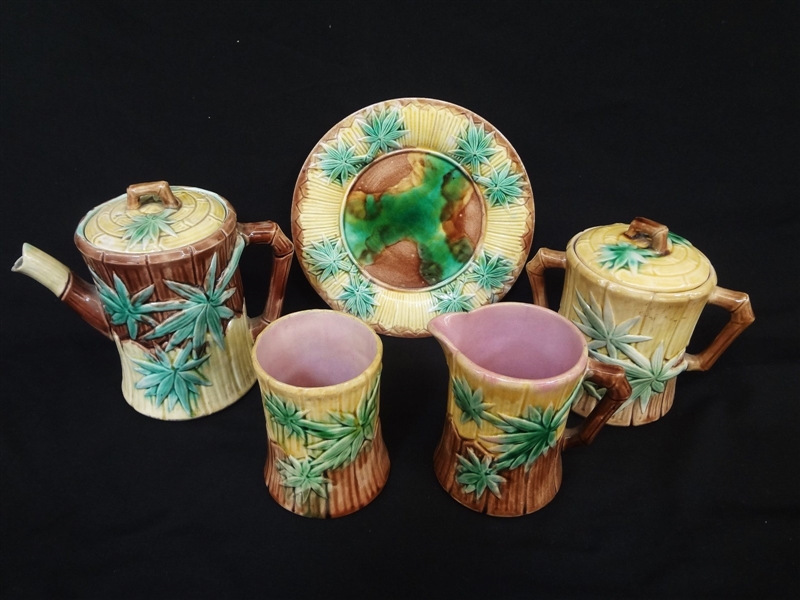 Griffin, Smith, and Hall Majolica Bamboo Etruscan Group of 5 Pieces