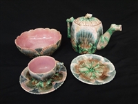Etruscan Shell and Seaweed Majolica Group: Tea Pot, 2 Saucers, Cup, Bowl
