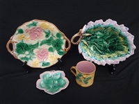 (4) Etruscan Majolica Pieces: Platter, 2 Plates, Cup