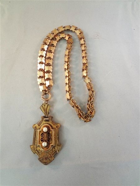 Victorian Mourning Locket with Heavy Gold Filled Fancy Box Link Chain