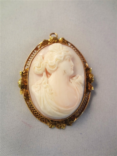 Victorian Pink Shell Carved Cameo Gold Filled High Relief